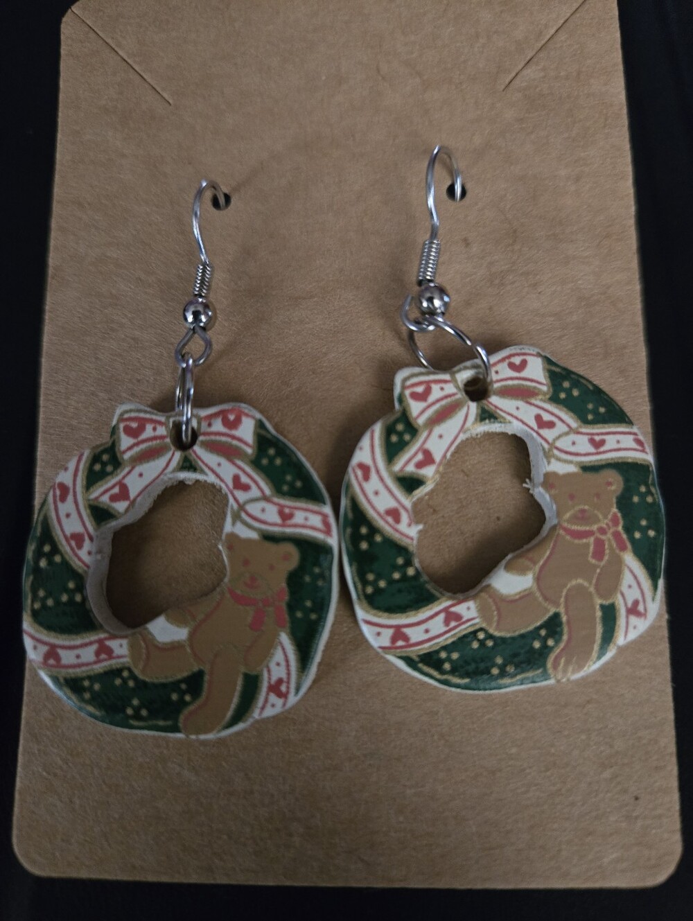 Vintage Wooden Holiday Teddy Bear Wreath Dangle Earrings